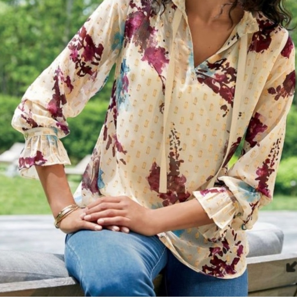 Soft Surroundings Cream and Burgundy Floral Blouse